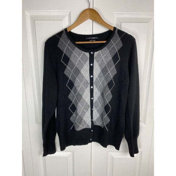 Apt. 9 Sweaters - Apt.9 XL 100% Cashmere Cardigan Sweater Argyle Diamond Black Button Up Front
